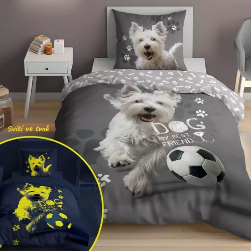 Bavlněné povlečení Pes fotbalista 140x200+70x80 (svítící)