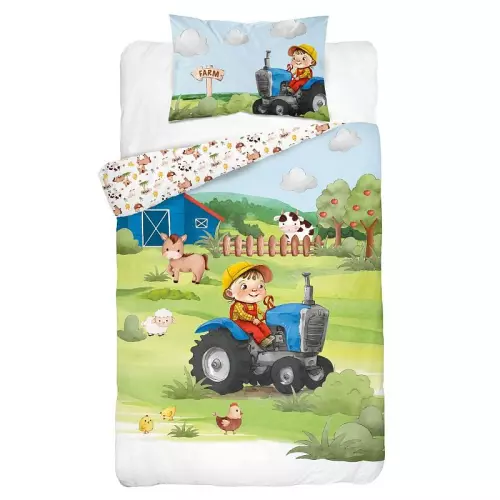 Bambusové povlečení do postýlky 3D Farma modrá 100x135+40x60