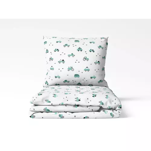 Dětské bavlněné povlečení Zelená autíčka na bílé 140x200+70x90