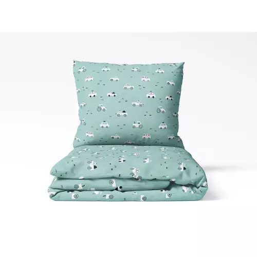 Dětské bavlněné povlečení Bílá autíčka na zelené 140x200+70x90