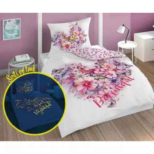 Bavlněné povlečení Motýlci srdce svítící 140x200+70x80