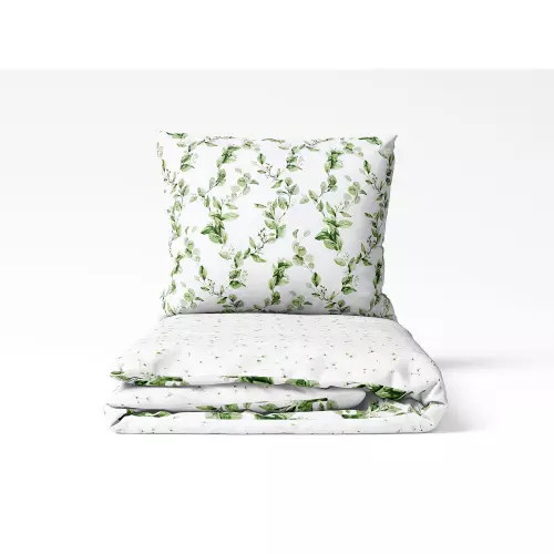 Saténové povlečení Zelené listy na bílé - vende 140x200+70x90